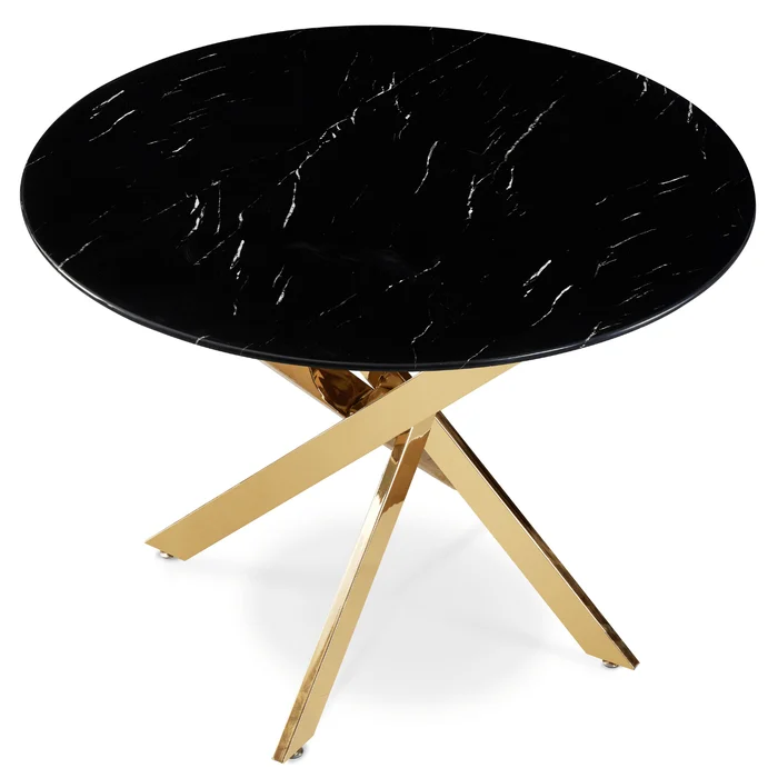 Stół Okrągły Szklany BALI 100 cm Czarny Marmur/Złoty Glamour