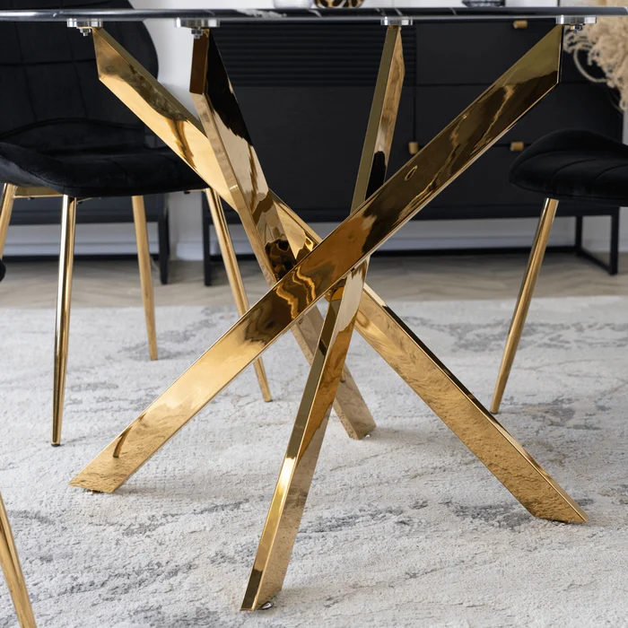 Stół Okrągły Szklany BALI 100 cm Czarny Marmur/Złoty Glamour