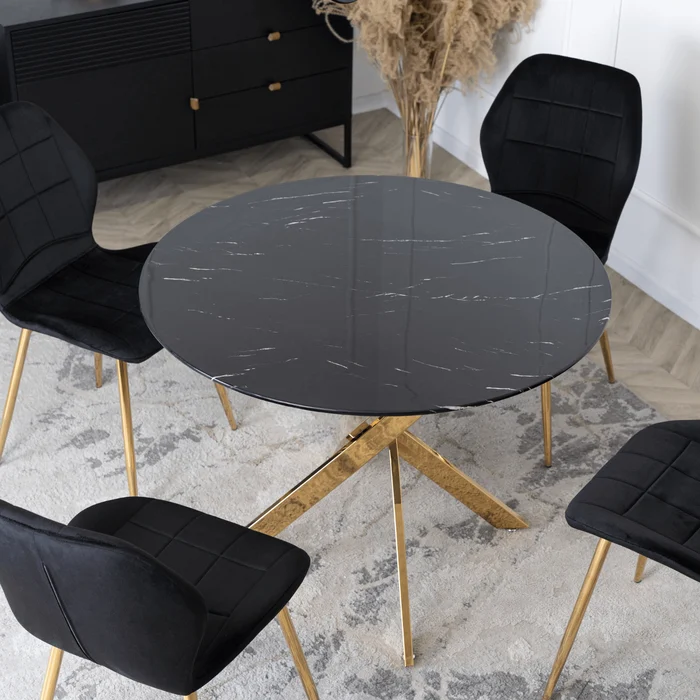 Stół Okrągły Szklany BALI 100 cm Czarny Marmur/Złoty Glamour