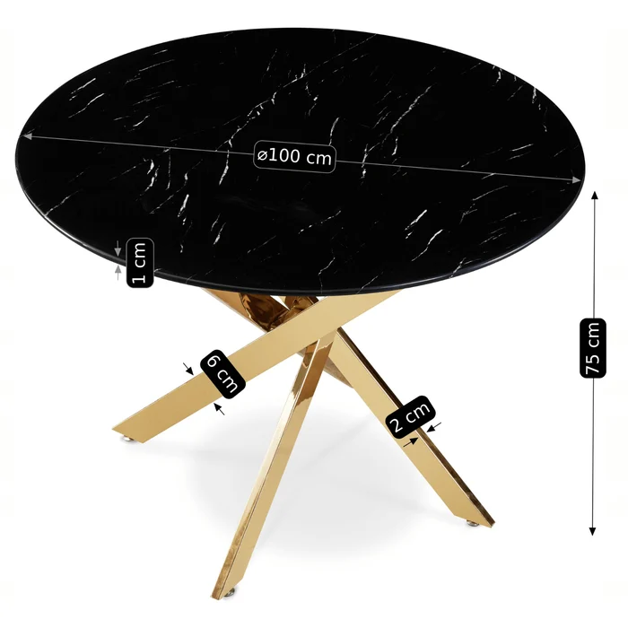 Stół Okrągły Szklany BALI 100 cm Czarny Marmur/Złoty Glamour