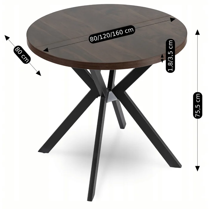 Stół Okrągły Rozkładany DORIAN 80-160 cm Orzech/Czarny Nowoczesny Loft
