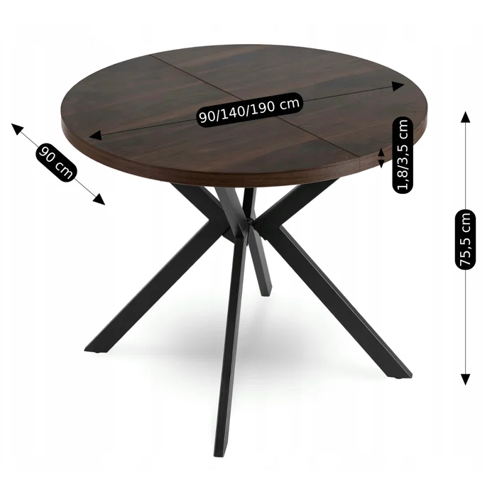 Stół Okrągły Rozkładany LUGO 90-190 cm Orzech/Czarny Loft