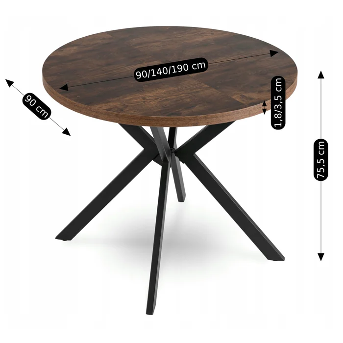 St&oacute;ł Okrągły Rozkładany LUGO 90-190 cm Dąb Rustykalny/Czarny Loft