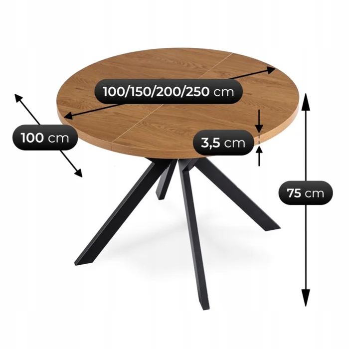 Stół Okrągły Rozkładany LUKAS 100-250 cm Dąb Złoty Nowoczesny Loft