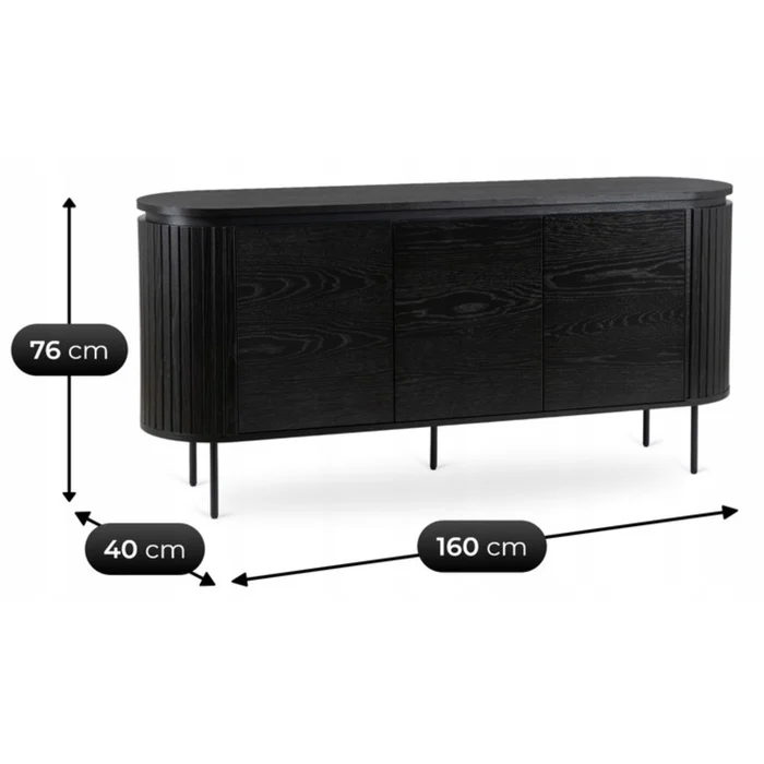 Komoda do Salonu BECK 160 cm Czarna Trzydrzwiowa Ryflowana Nowoczesna