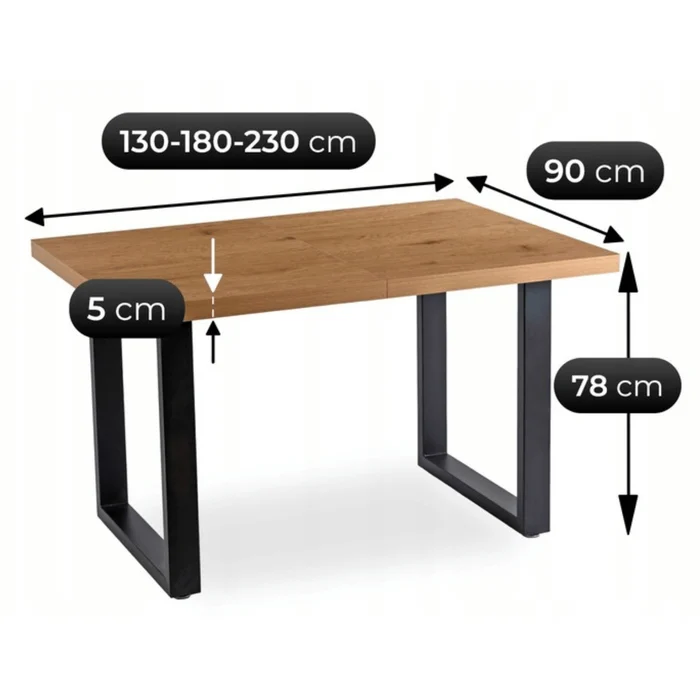 Stół Prostokątny Rozkładany TOMAS 130-230 cm Dąb Złoty/Czarny do Jadalni Nowoczesny Loft