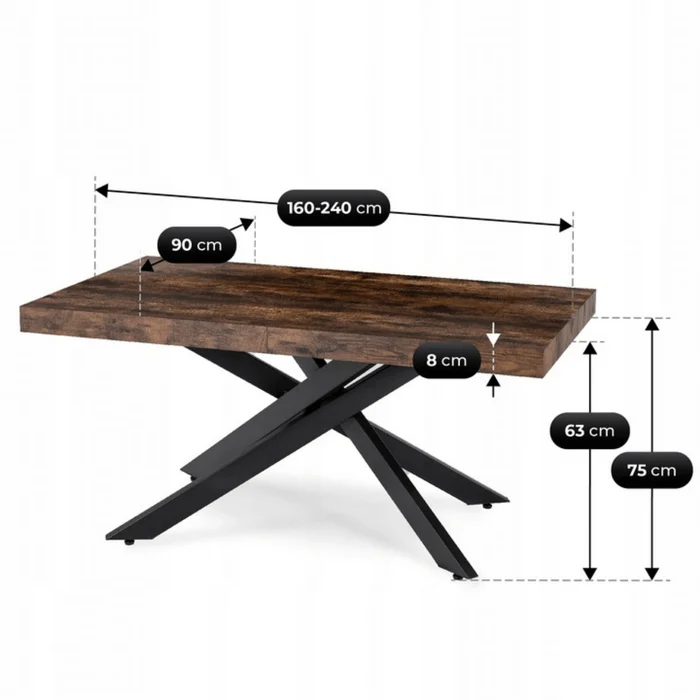Stół Prostokątny Rozkładany HAMPTON 160-240 cm Dąb Rustykalny/Czarny do Jadalni Nowoczesny Loft