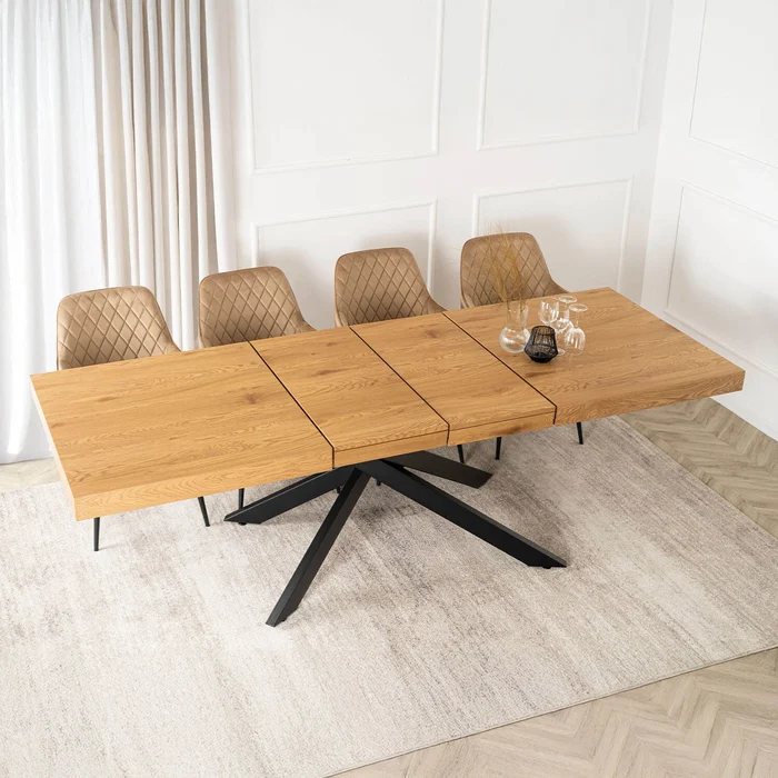Zestaw Stół Prostokątny Rozkładany HAMPTON 160-240 cm Dąb/Czarny i 4 Krzesła Tapicerowane BRESSO Beżowe Welurowe