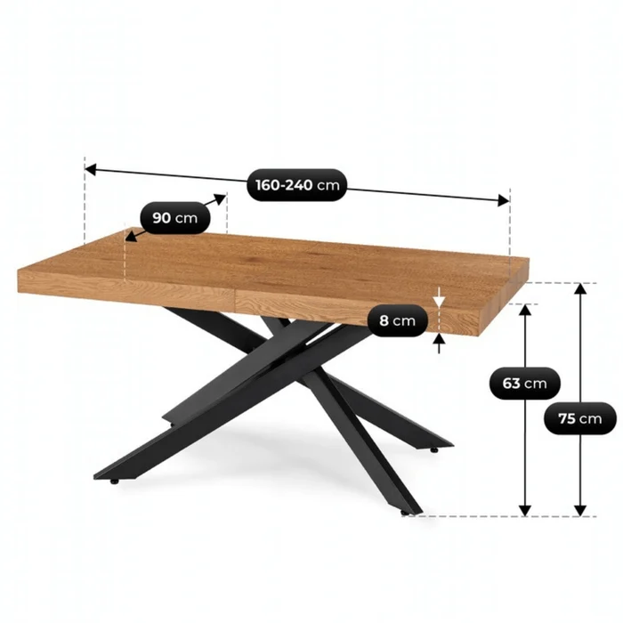 Zestaw Stół Prostokątny Rozkładany HAMPTON 160-240 cm Dąb/Czarny i 4 Krzesła Tapicerowane BRESSO 2 Szare