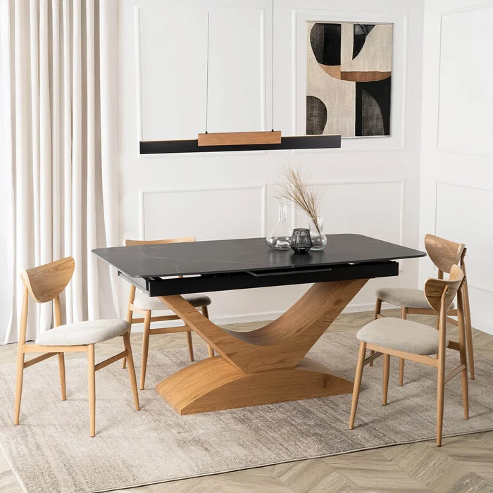 Zestaw Stół Rozkładany Ceramiczny ALICANTE 160-200 cm Czarny/Dąb i 4 Krzesła BRAGA Krem/Dąb