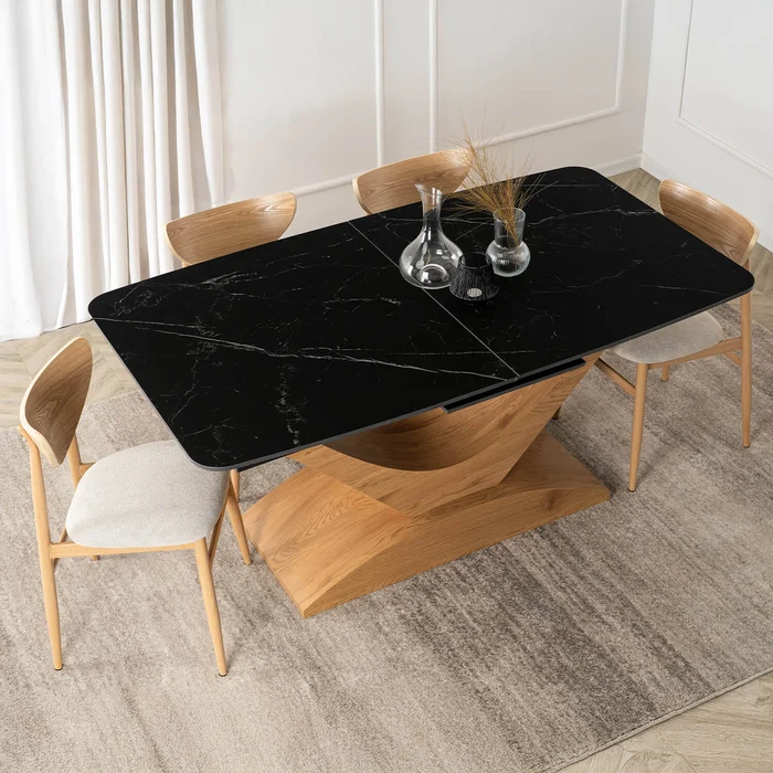 Zestaw Stół Rozkładany Ceramiczny ALICANTE 160-200 cm Czarny/Dąb i 4 Krzesła BRAGA Krem/Dąb