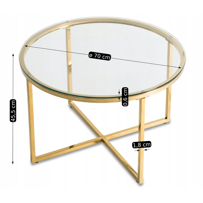 Stolik Kawowy Szklany FLIP 70 cm ze Złotymi Nogami Nowoczesny Glamour