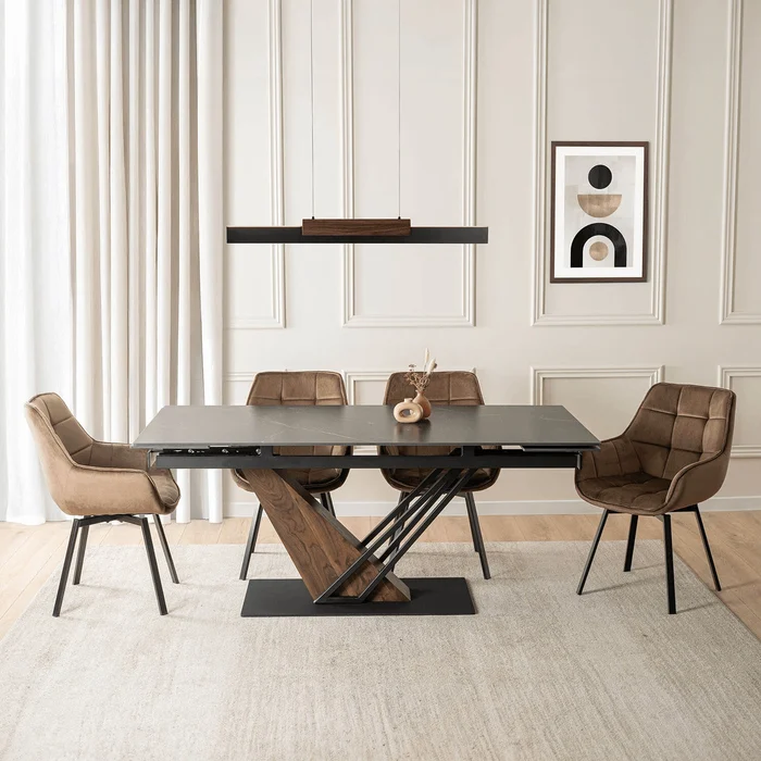 Stół Rozkładany Prostokątny REX 2 180-240 cm Ceramiczny Czarny Marmur/Orzech do Jadalni Nowoczesny Loft