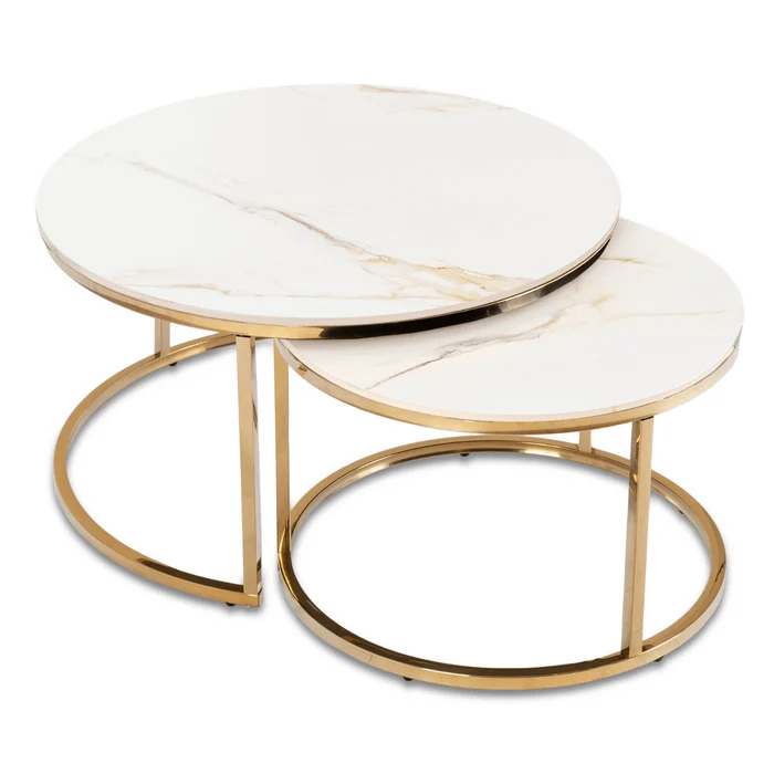 Zestaw Stolików Kawowych MILANO 60 cm/80 cm Biały Marmur/Złoty Glamour