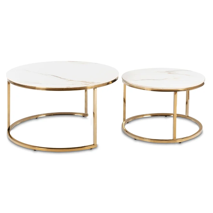 Zestaw Stolików Kawowych MILANO 60 cm/80 cm Biały Marmur/Złoty Glamour