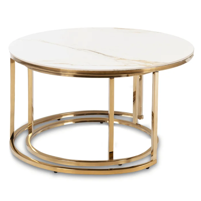 Zestaw Stolików Kawowych MILANO 60 cm/80 cm Biały Marmur/Złoty Glamour