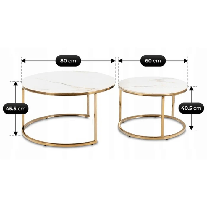 Zestaw Stolików Kawowych MILANO 60 cm/80 cm Biały Marmur/Złoty Glamour