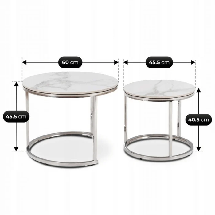 Zestaw Stolików Kawowych AMARA 45,5 cm/60 cm Biały Marmur/Srebrny Glamour