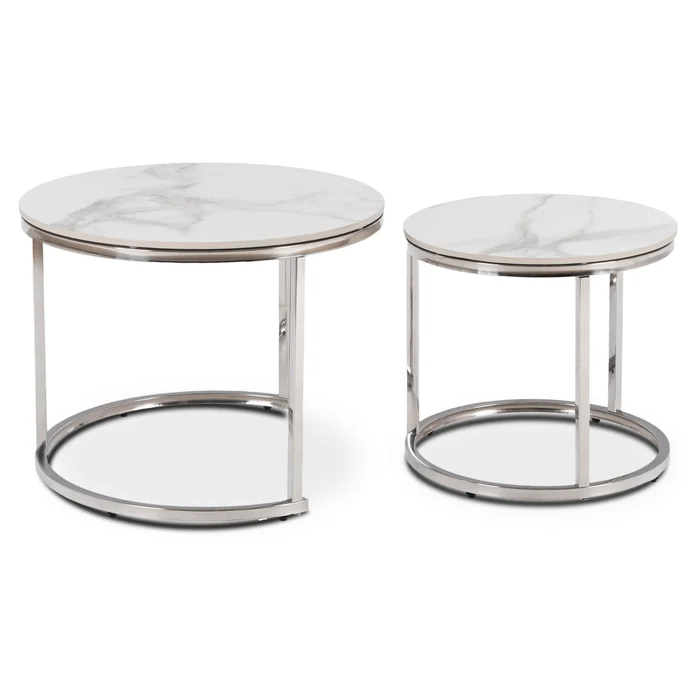 Zestaw Stolików Kawowych AMARA 45,5 cm/60 cm Biały Marmur/Srebrny Glamour