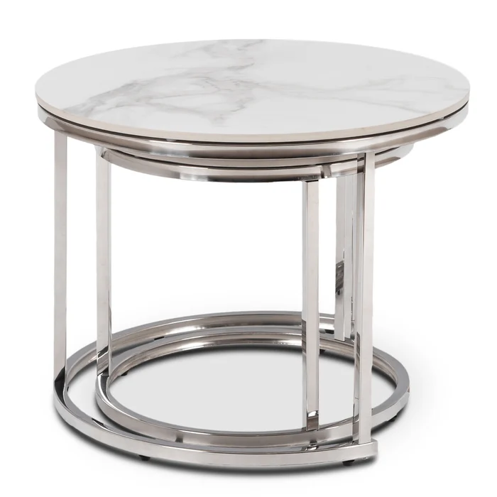 Zestaw Stolików Kawowych AMARA 45,5 cm/60 cm Biały Marmur/Srebrny Glamour