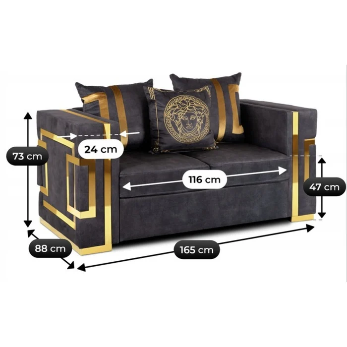 Sofa PALLAZO 2S Dwuosobowa Czarno/Złota Welurowa Nowoczesna Glamour