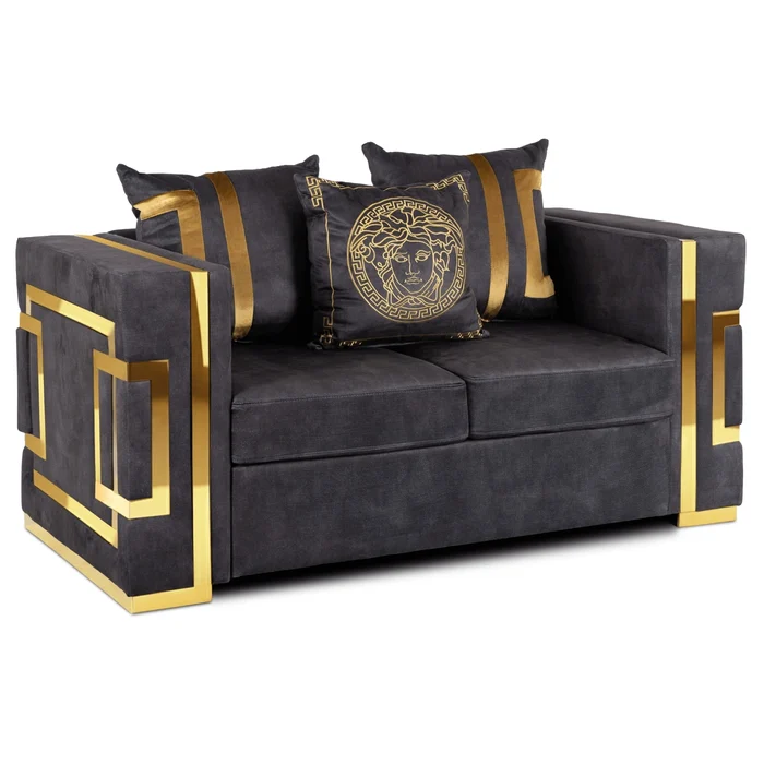 Sofa PALLAZO 2S Dwuosobowa Czarno/Złota Welurowa Nowoczesna Glamour