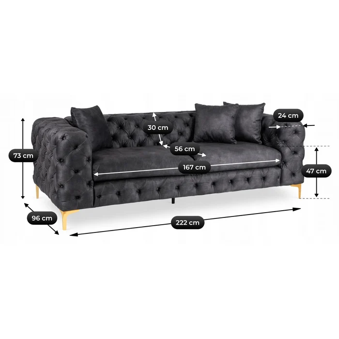 Sofa SORRENTO 3S Trzyosobowa Czarna Welurowa Nowoczesna Glamour