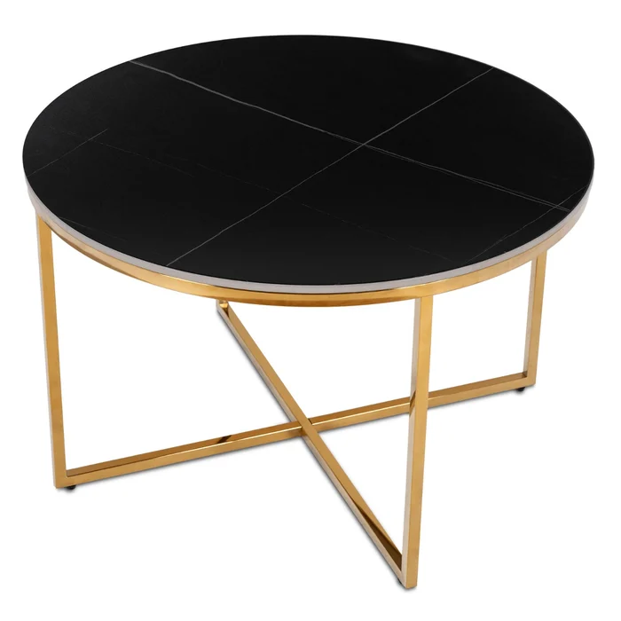 Stolik Kawowy Ceramiczny MARINE 80 cm Czarny Marmur Mat/Złoty Nowoczesny Glamour