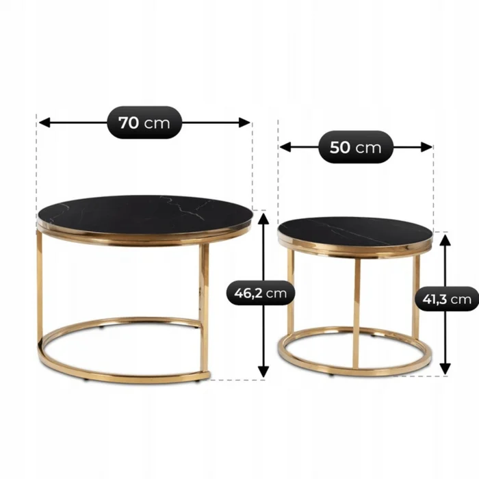 Zestaw Stolik&oacute;w Kawowych ARON 70 cm/50 cm Czarny Marmur/Złoty Glamour