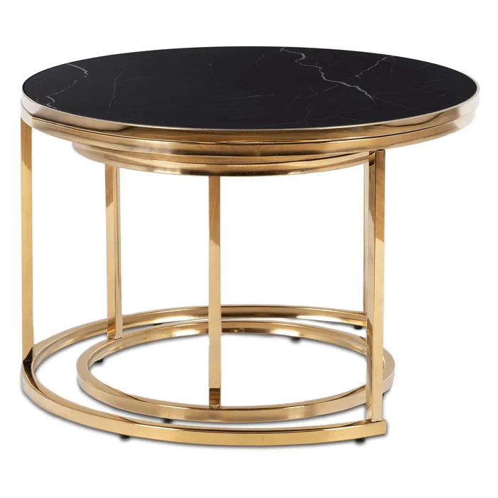 Zestaw Stolik&oacute;w Kawowych ARON 70 cm/50 cm Czarny Marmur/Złoty Glamour