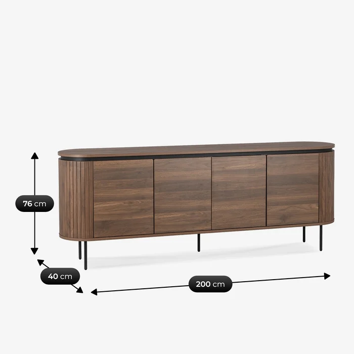 Komoda do Salonu BECK 200 cm Orzech Czterodrzwiowa Ryflowana Nowoczesna