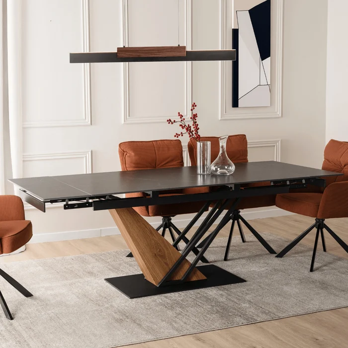 Stół Rozkładany Prostokątny REX 160-220 cm Ceramiczny Czarny Marmur/Orzech do Jadalni Nowoczesny Loft