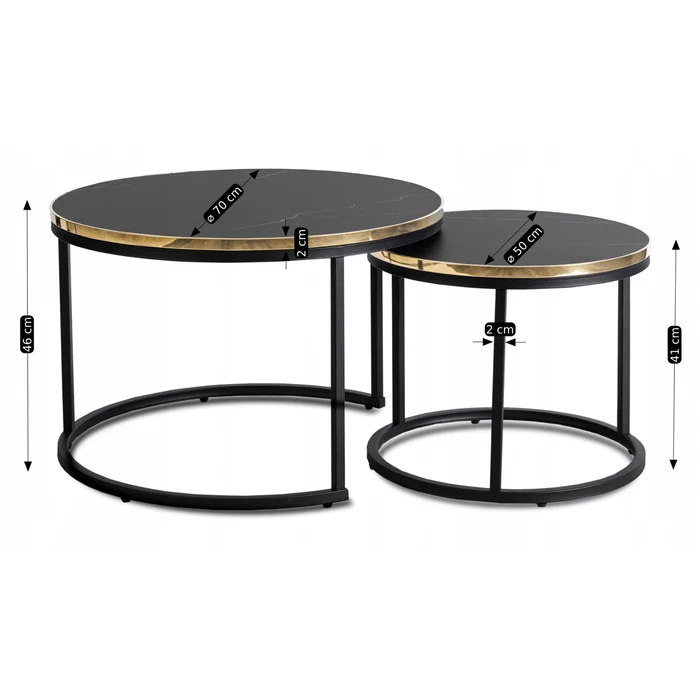Zestaw Stolik&oacute;w Kawowych ARON 70 cm/50 cm Czarny Marmur Glamour