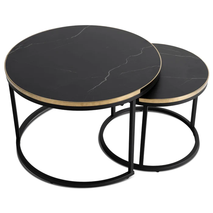 Zestaw Stolik&oacute;w Kawowych ARON 70 cm/50 cm Czarny Marmur Glamour