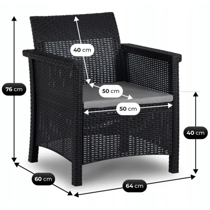 Zestaw Mebli Ogrodowych BRENTA Czarny/Szary 2xFotel Sofa Stolik Tarasowy Technorattan Nowoczesny