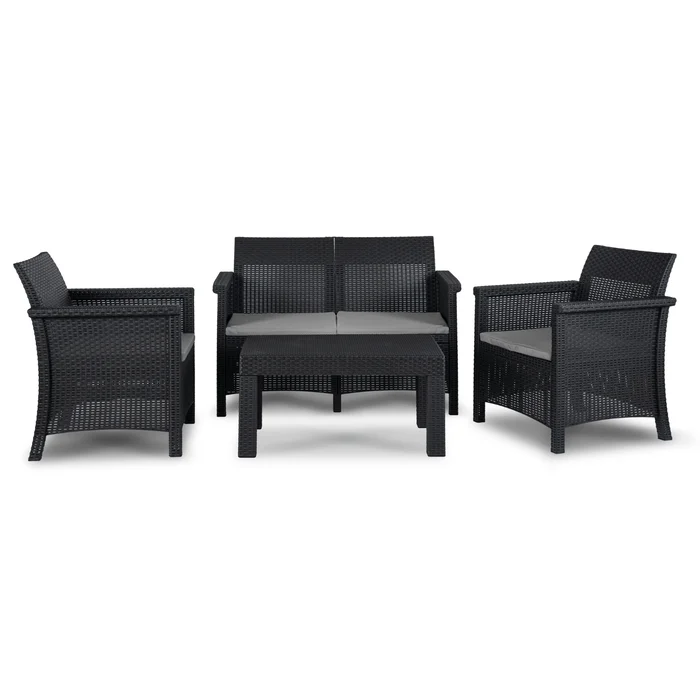 Zestaw Mebli Ogrodowych BRENTA Czarny/Szary 2xFotel Sofa Stolik Tarasowy Technorattan Nowoczesny