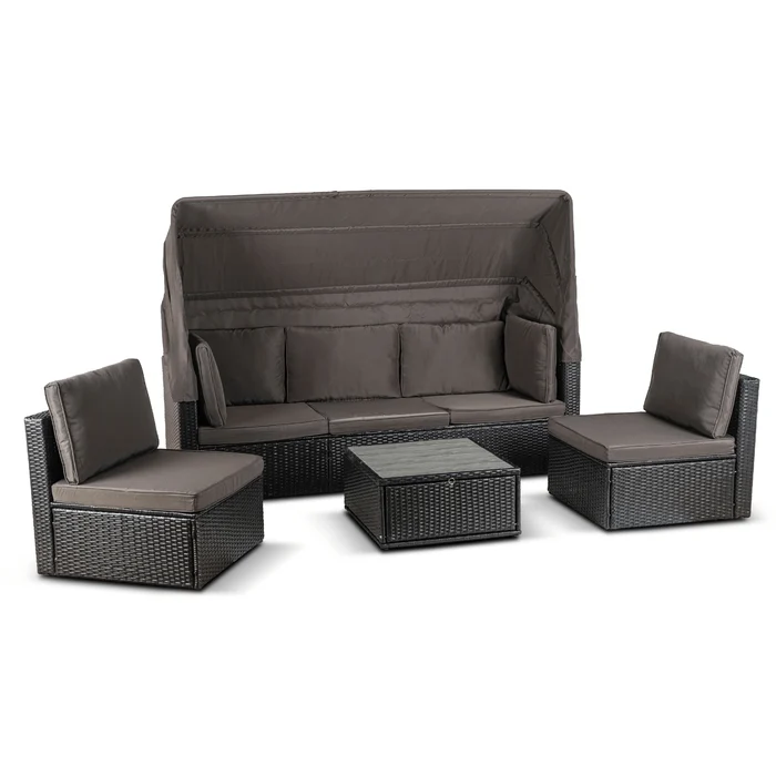 Zestaw Mebli Ogrodowych CALIENTE Modułowy Sofa 2x Fotel Stolik Tarasowy Czarny/Brązowy Technorattan Nowoczesny