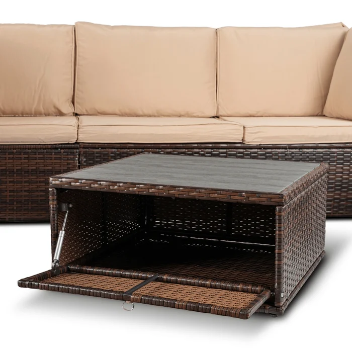 Zestaw Mebli Ogrodowych CALIENTE Modułowy Sofa 2x Fotel Stolik Tarasowy Brązowy/Beżowy Technorattan Nowoczesny