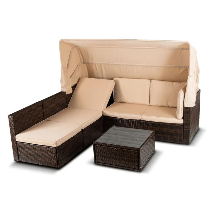 Zestaw Mebli Ogrodowych CALIENTE Modułowy Sofa 2x Fotel Stolik Tarasowy Brązowy/Beżowy Technorattan Nowoczesny