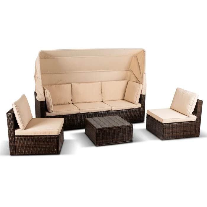 Zestaw Mebli Ogrodowych CALIENTE Modułowy Sofa 2x Fotel Stolik Tarasowy Brązowy/Beżowy Technorattan Nowoczesny