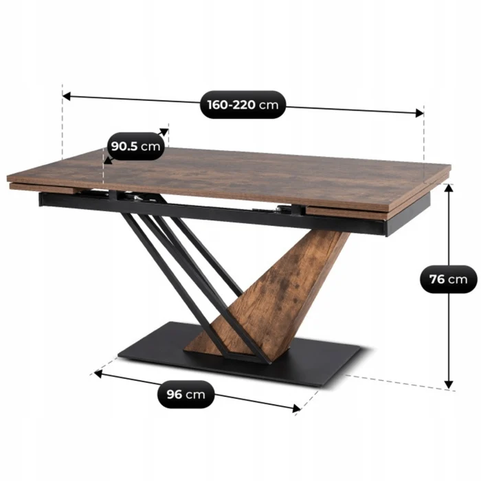 Stół Rozkładany Prostokątny REX 160-220 cm Dąb Rustykalny/Czarny do Jadalni Nowoczesny Loft