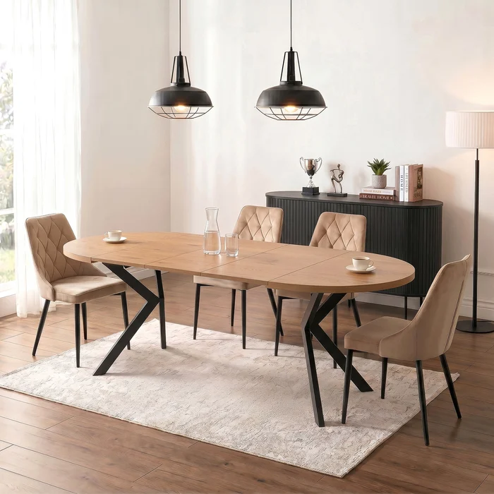 Stół Okrągły Rozkładany LUKAS 100-250 cm Dąb Złoty Nowoczesny Loft