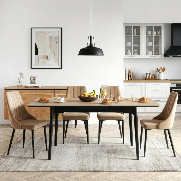 St&oacute;ł Rozkładany Prostokątny SAMER 120-160 cm Ceramiczny Dąb/Czarny Nowoczesny