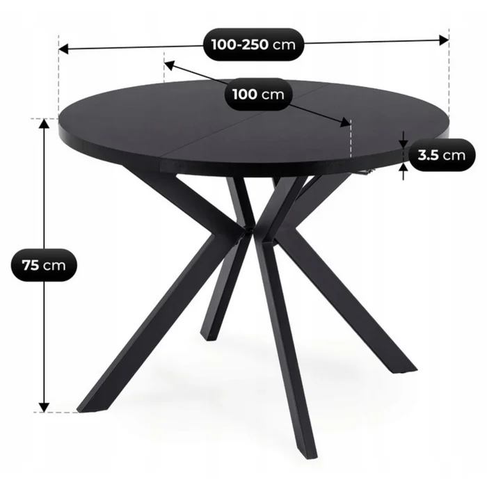 St&oacute;ł Okrągły Rozkładany LUKAS 100-250 cm Czarny Nowoczesny Loft