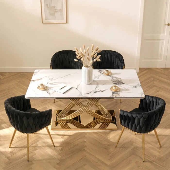 Stół Rozkładany Prostokątny IBIZA 160-240 cm Ceramiczny Biały Marmur/Złoty do Jadalni Nowoczesny Glamour