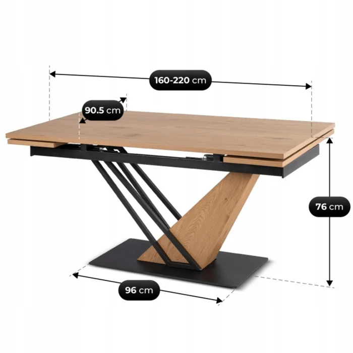 St&oacute;ł Rozkładany Prostokątny REX 160-220 cm Dąb/Czarny do Jadalni Nowoczesny Loft