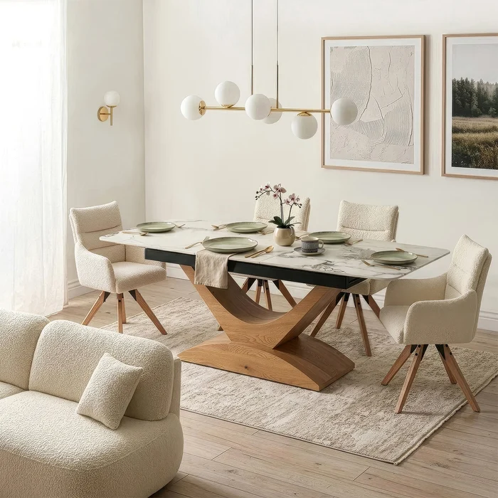 Stół Rozkładany Prostokątny ALICANTE 160-200 cm Ceramiczny Biały Marmur/Dąb do Jadalni Nowoczesny