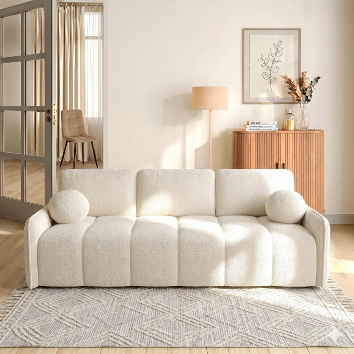 Sofa PURE Rozkładana Dwuosobowa Kremowa Boucle Nowoczesna