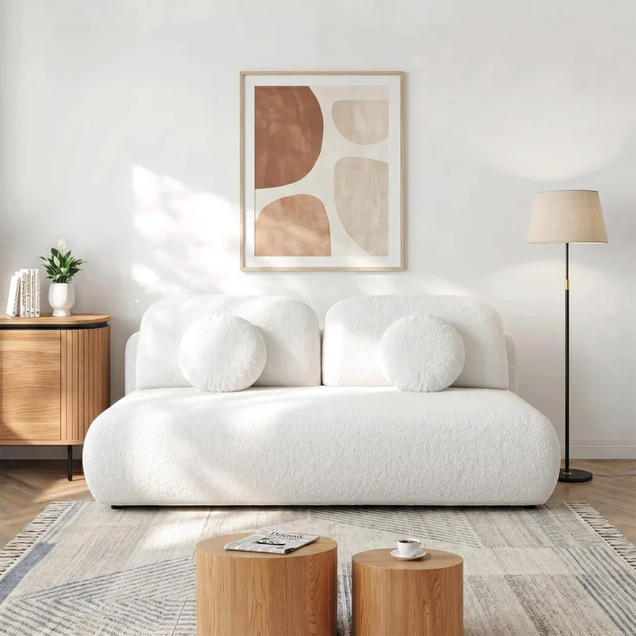 Sofa BASE Rozkładana Dwuosobowa Kremowa Boucle Nowoczesna