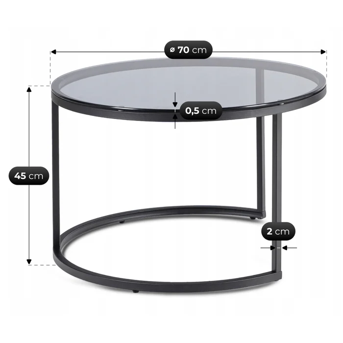 Zestaw Stolik&oacute;w Kawowych CARRERA MAX 60 cm/70 cm Szary/Czarny Nowoczesny